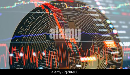 Trends in bitcoin exchange rates. Rise and fall charts of bitcoin. Bitcoins and New Virtual money concept.Gold bitcoins with Candle stick graph chart Stock Photo