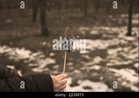 An adult woman's hand holds a burning paper flower in front of a winter park. The black charred paper is smoking. Stock Photo