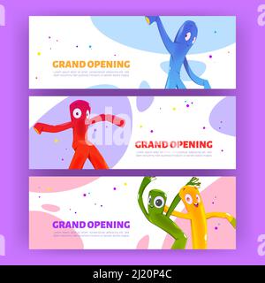 Grand opening posters with dancing inflatable tube men. Vector horizontal banners of event launch or shop open ceremony with cartoon funny air dancers with blowing wind Stock Vector