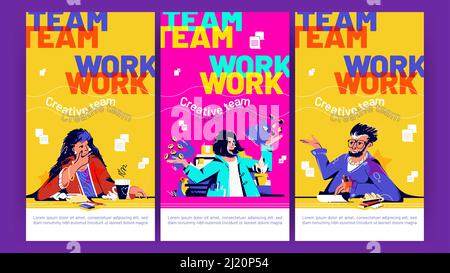 Teamwork posters with people meeting in office and talk together. Vector vertical banners of company workshop, creative team brainstorm with flat illustration of workers conversation Stock Vector