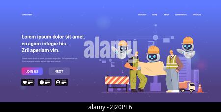 construction workers with robots holding blueprint industrial technicians builders group over city construction site Stock Vector