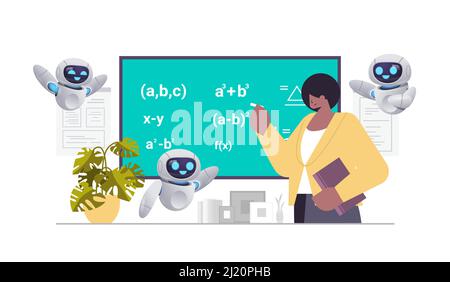 teacher with robots solving math problem on digital chalkboard during lesson education artificial intelligence Stock Vector