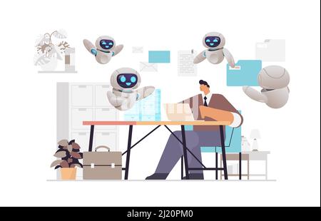 overworked businessman with robots using laptop at workplace busy business man working in office paperwork Stock Vector