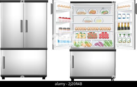 Refrigerator closed and opened door with lots of food illustration Stock Vector