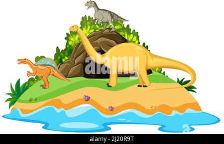Scene with dinosaurs on island illustration Stock Vector