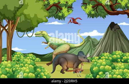 Scene with dinosaurs in the park illustration Stock Vector