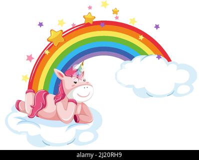 Cute unicorn lying on cloud with rainbow in cartoon style illustration Stock Vector