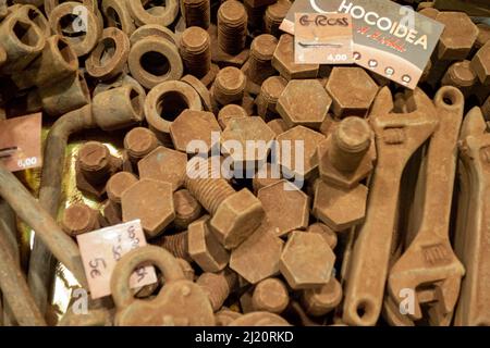 Tools made from Chocolate for sale at one of the many Christmas Markets held each December in Vienna, Austria, December 10, 2019. Stock Photo