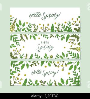 Set of spring banners with green floral elements. Hand drawn vector illustration Stock Vector