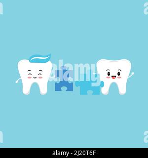 Cute tooth try to connect puzzle piece vector illustration. Stock Vector