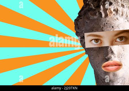 Contemporary colorful and conceptual bright art collage with ancient statue. Stock Photo