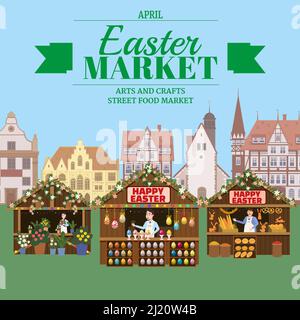 Easter Market poster, Holiday City Spring Fair, wooden stalls decorated flowers, colored Easter eggs, bunny, baking. Europe architecture background Stock Vector