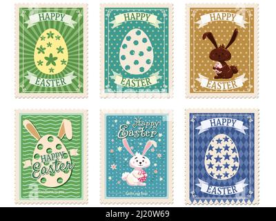 Set of Easter postal stamps, bunnies, eggs, retro graphic. Vintage collection Stock Vector