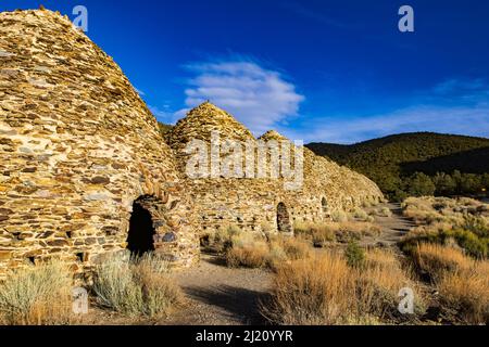 This is a view of the ten beehive-shaped Wildrose Charcoal Kilns in Wildrose Canyon of Death Valley National Park, California, USA. Stock Photo