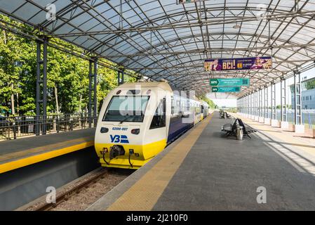 Kyiv, Ukraine - September 7, 2021: Train at the Railway station in Boryspil airport in Kyiv, Ukraine. Ukrainian travel. Stock Photo