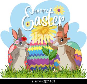 Happy Easter design with bunnies and eggs illustration Stock Vector