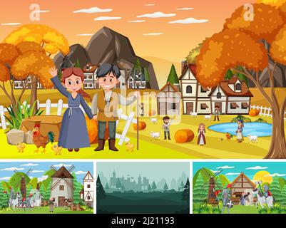 Set of different scene medieval illustration Stock Vector