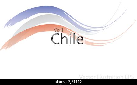the slogan visit Chile with curved waves in watercolor style which are in the colors of the national flag. Vector Illustration Stock Vector
