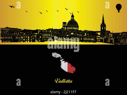 Valletta city skyline silhouette - illustration,  Town in Yellow background,  Map of Malta Stock Vector