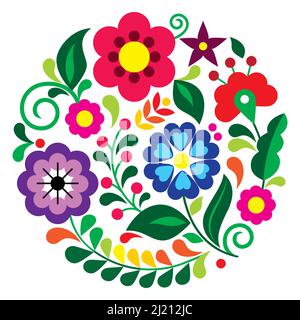 Mexican folk art style vector round floral pattern, nature design inspired by traditional embroidery from Mexico Stock Vector