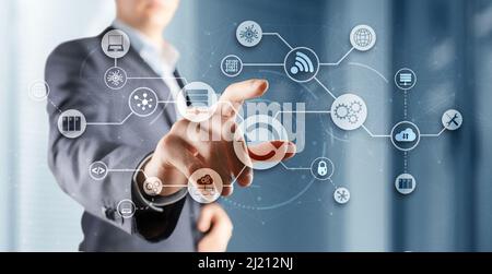 Man clicks on the Update icon. Upgrading concept. Stock Photo
