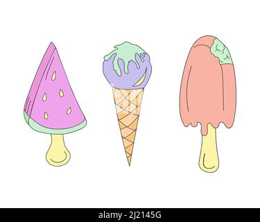 Ice cream set in doodle style, watermelon, popsicle and horn. Vector illustration in doodle style. Stock Vector