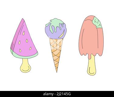 Ice cream set in doodle style, watermelon, popsicle and horn. Vector illustration in doodle style. Stock Vector
