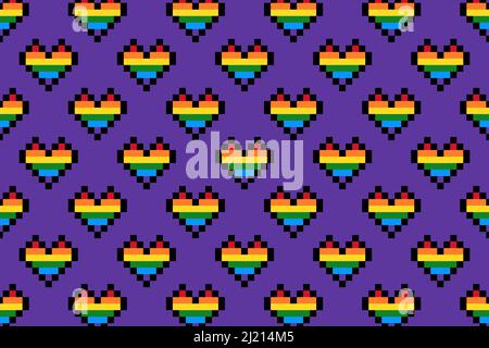 Rainbow heart pixel art seamless pattern LGBTQ Stock Vector