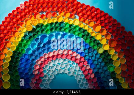 Colored Plastic Caps Create a Rainbow Stock Photo
