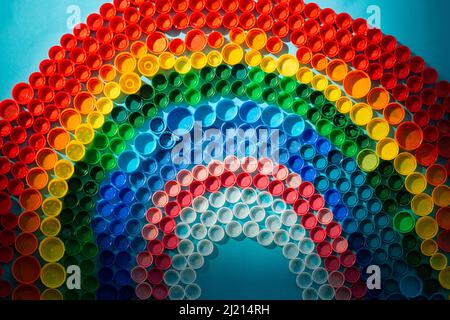 Colored Plastic Caps Create a Rainbow Stock Photo