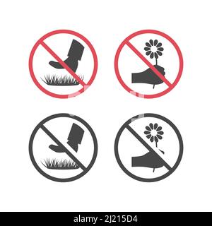 Do not pick the flowers and keep off grass sign. Red prohibition vector sign no walking on lawns, no picking. Stock Vector