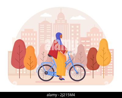 Woman in Hijab Riding Bicycle in City Park Stock Vector