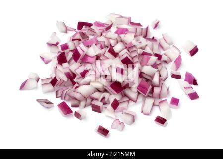 Heap of sliced fresh red onion close up isolated on white background Stock Photo