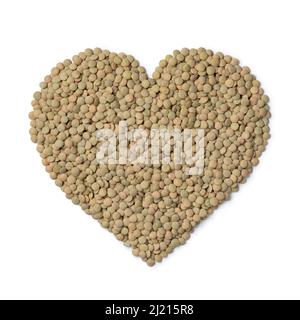Raw green lentils in heart shape isolated on white background Stock Photo