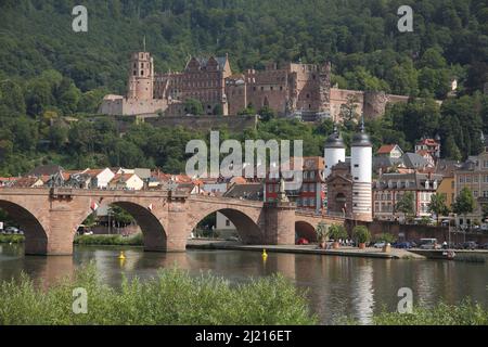 Cityscape with Castle, Old Bridge and Bridge Gate in Heidelberg, Baden-Württemberg, Germany Stock Photo