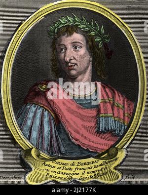 Portrait de Hercule Savinien de Cyrano de Bergerac (1619 - 1655) ecrivain francais .Gravure du 18eme siecle . Stock Photo