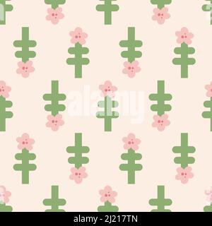 hand drawn floral botanical seamless pattern in cute naive style with delicate colors. Stock Vector