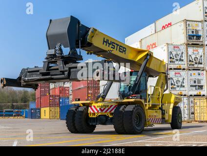 Hyster container carrier reach stacker, Pentalver Transport container storage facility, Port of Felixstowe, Suffolk, England, UK Stock Photo