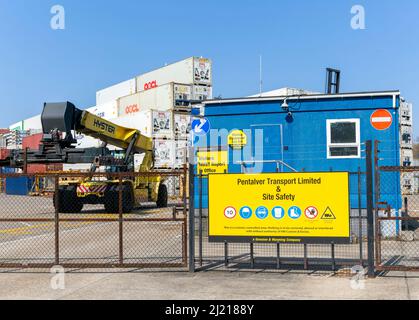 Hyster container carrier reach stacker, Pentalver Transport container storage facility, Port of Felixstowe, Suffolk, England, UK Stock Photo