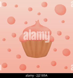 hand drawn cupcake and dots in coral pink color palette, texture effect of chalk or crayon. Stock Vector
