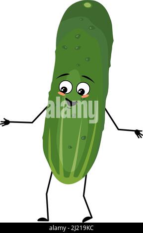 Cucumber character with happy emotion, joyful face, smile eyes, arms and legs. Person with expression, green vegetable or emoticon. Vector flat illustration Stock Vector