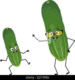 Cucumber character with glasses and grandson dancing character with happy emotion, joyful face, smile eyes, arms and legs. Person with expression, green vegetable or emoticon. Vector flat illustration Stock Vector