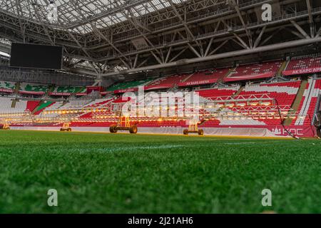 Kazan, Russia. 2022 March 28. Assimilation lighting in soccer stadium. Lighting assimilation off grass. Aerial view of light therapie in stadium. The Stock Photo