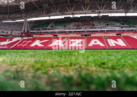 Kazan, Russia. 2022 March 28. Stadium Ak Bars Arena or Kazan Arena. View of the stadium football pitch. View from the lawn. Stock Photo