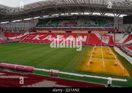 Kazan, Russia. 2022 March 28. Assimilation lighting in soccer stadium. Lighting assimilation off grass. Aerial view of light therapie in stadium. The Stock Photo