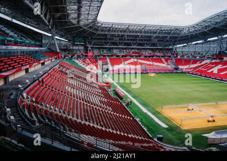 Kazan, Russia. 2022 March 28. Stadium Ak Bars Arena or Kazan Arena. View of the stadium football pitch. Stadium with 45 000 seats Stock Photo