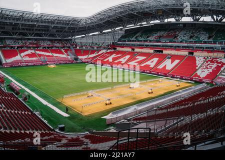 Kazan, Russia. 2022 March 28. Stadium Ak Bars Arena or Kazan Arena. View of the stadium football pitch. Stadium with 45 000 seats Stock Photo