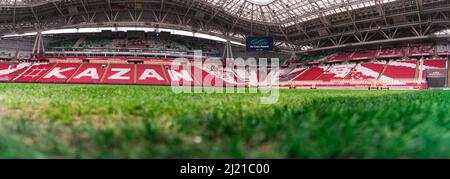 Kazan, Russia. 2022 March 28. Stadium Ak Bars Arena or Kazan Arena. View of the stadium football pitch. View from the lawn. Stock Photo