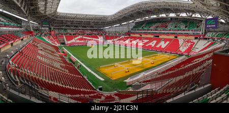 Kazan, Russia. 2022 March 28. Stadium Ak Bars Arena or Kazan Arena. View of the stadium football pitch. Stadium with 45 000 seats. Panoramic view Stock Photo