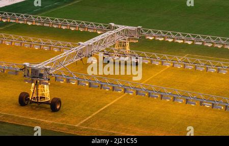 Assimilation lighting in soccer stadium. Lighting assimilation off grass. Aerial view of light therapie in stadium. The LED grass grow lights Stock Photo